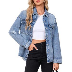Distressed Denim Jacket Oversized Fit Cotton Casual Long Sleeve